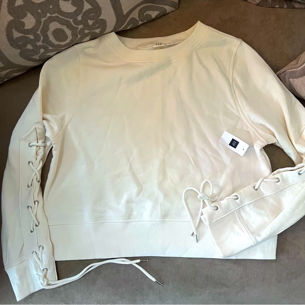 GAP Women Lace Up Sleeves Sweater, Ivory , Size XS , Cropped sweater Pullover